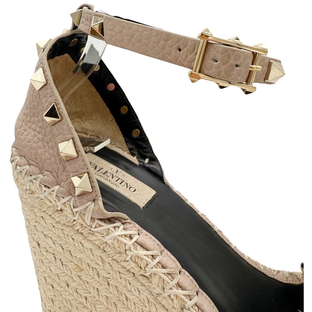 Valentino Rockstud Espadrille Wedge Sandals Nude Poudre Leather Size 40 US 10 - Picture 5 of 16